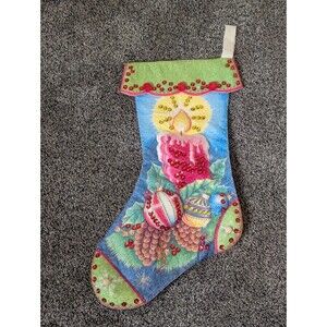 Vintage Puffy Felt Sequin Hand Made Christmas Stocking Candle Ornament 18.5"L